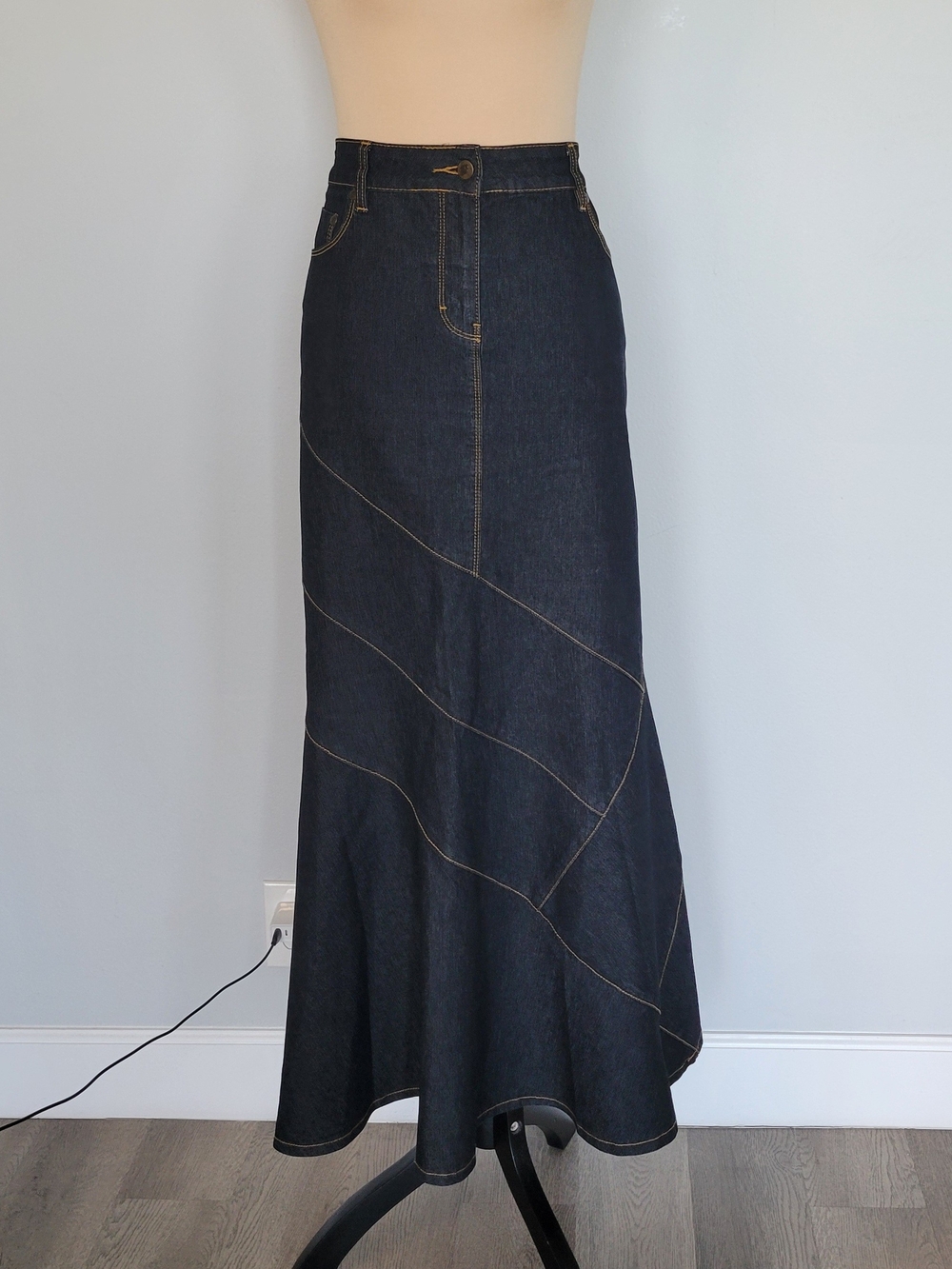 Vintage Bisou Bisou Y2K Dark Blue Denim Jeans Mermaid Trumpet Maxi Skirt Size 14 - Picture 3 of 15